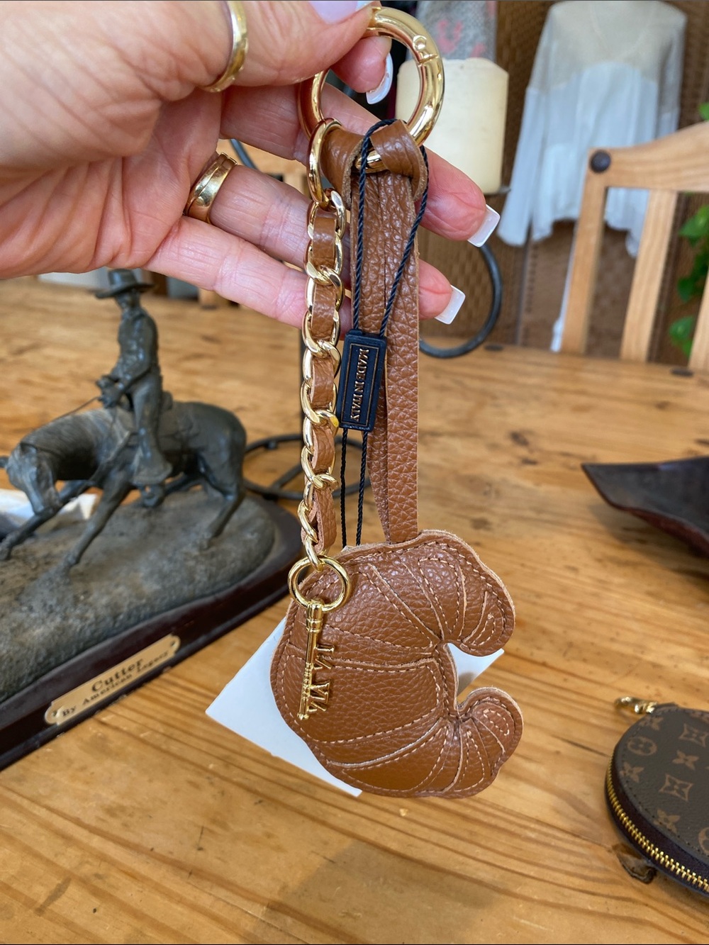 New!  LA VIA Firenze Croissant Leather Key Charm in Tan with Gold Hardware